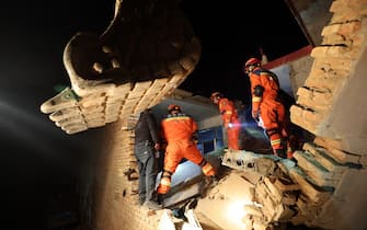 Rescuers work on the rubble of a house that collapsed in the earthquake in Kangdiao village of Jishishan county in northwest China's Gansu province Tuesday, Dec. 19, 2023. A magnitude-6.2 earthquake jolted the remote and mountainous county around midnight on Tuesday, killing at least 111 people and injuring more than 230, according to Chinese state media.  (Photo by FEATURECHINA/Newscom/Sipa USA)
