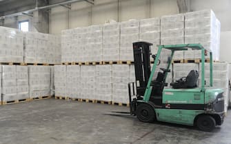 Italy, warehouse of the foundation Food Bank (Muggiò, Monza, Milan): collect food supplies donated by alimentary companies and the European Community and redistributes them to charitable organizations