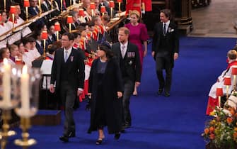 Princess Eugenie and Jack Brooksbank (front), Britain's Prince Harry, Duke of Sussex (centre) and Princess Beatrice and Edoardo Mapelli Mozzi arrive at Westminster Abbey in central London on May 6, 2023, ahead of the coronations of Britain's King Charles III and Britain's Camilla, Queen Consort. - The set-piece coronation is the first in Britain in 70 years, and only the second in history to be televised. Charles will be the 40th reigning monarch to be crowned at the central London church since King William I in 1066. Outside the UK, he is also king of 14 other Commonwealth countries, including Australia, Canada and New Zealand. Camilla, his second wife, will be crowned queen alongside him, and be known as Queen Camilla after the ceremony. (Photo by Aaron Chown / POOL / AFP) (Photo by AARON CHOWN/POOL/AFP via Getty Images)