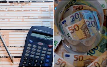 modulo irpef, calcolatrice e coppa con banconote euro