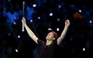 TURIN, ITALY - NOVEMBER 16:  Jannik Sinner of Italy celebrates winning the match during the Men's Singles Final against Carlos Alcaraz of Spain on day eight of the Nitto ATP Finals 2025 at Inalpi Arena on November 16, 2025 in Turin, Italy. (Photo by Clive Brunskill/Getty Images)