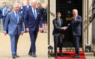 WINDSOR, ENGLAND - JULY 10: King Charles III and The President of the United States, Joe Biden walk together in the Quadrangle at  Windsor Castle on July 10, 2023 in Windsor, England. The President is visiting the UK to further strengthen the close relationship between the two nations and to discuss climate issues with King Charles III. (Photo by Chris Jackson - WPA Pool/Getty Images)