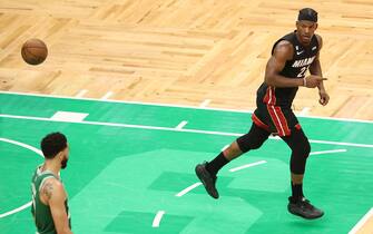 BOSTON, MASSACHUSETTS - MAY 29: Jimmy Butler #22 of the Miami Heat celebrates during the fourth quarter against the Boston Celtics in game seven of the Eastern Conference Finals at TD Garden on May 29, 2023 in Boston, Massachusetts. NOTE TO USER: User expressly acknowledges and agrees that, by downloading and or using this photograph, User is consenting to the terms and conditions of the Getty Images License Agreement. (Photo by Adam Glanzman/Getty Images)