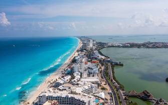 Aerial view of Punta Norte beach, Cancun, México. Beautiful beach area with luxury hotels near the Caribbean sea in Cancun, Mexico.