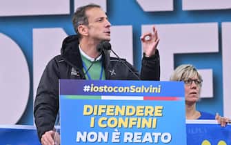 The governor of Friuli Venezia Giulia, Massimiliano Fedriga, during traditional Lega party rally in Pontida (Bergamo), 6 October 2024. 
ANSA/MICHELE MARAVIGLIA