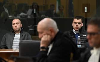 Gabriel Natale-Hjorth, and Finnegan Lee Elder, background centre, attend the appeal trial for the killing of Italian policeman Mario Cerciello Rega in Rome, 8 March 2024.
 ANSA/MAURIZIO BRAMBATTI