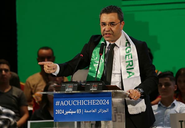 Presidential candidate Youcef Aouchiche from the FFS (Front des Forces Socialistes) reacts during an election campaign rally in Algiers, Algeria, on September 3, 2024. Three candidates run in the September 7 presidential elections. (Photo by Billel Benslem / APP) (Photo by APP/NurPhoto via Getty Images)