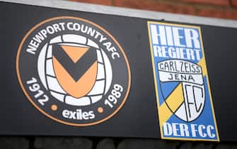 NEWPORT, WALES - MARCH 20: A sign for Newport County Football Club and a sticker for Carl Zeiss Jena, a german team they played in the 1981 European Cup Winners Cup quarter final is pictured at Rodney Parade on March 20, 2020 in Newport, Wales. (Photo by Stu Forster/Getty Images)
