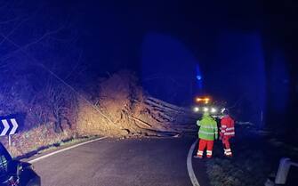 Una grossa frana si è riversata su una strada provinciale nel Parmense, a ridosso del confine con la Liguria, interessando un fronte di circa 30-40 metri. Risulta isolata, sul versante parmense, il centro abitato di Santa Maria del Taro, circa 200 abitanti. La linea telefonica fissa è interrotta ma non risultano al momento danni ad abitazioni o persone. La frana è sulla SP 359 altezza località case Fazzi chilometro 109. Sul posto stanno operando i carabinieri della stazione di Santa Maria del Taro insieme a personale della Provincia con ditte per sgombero detriti, 03 marzo 2024.  NPK   ANSA / Carabinieri  +++ ANSA PROVIDES ACCESS TO THIS HANDOUT PHOTO TO BE USED SOLELY TO ILLUSTRATE NEWS REPORTING OR COMMENTARY ON THE FACTS OR EVENTS DEPICTED IN THIS IMAGE; NO ARCHIVING; NO LICENSING +++