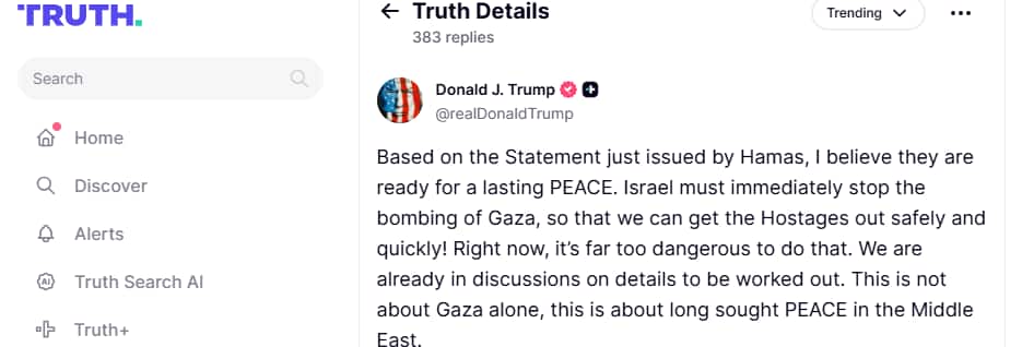 La risposta di Trump all'apertura di Hamas: "Penso siano pronti per la pace, Israele fermi subito i bombardamenti"