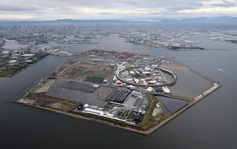 epa12028530 This aerial view taken by Jiji Press shows the Osaka Expo 2025 venue the day of its opening at Yumeshima, an artificial island in Osaka, western Japan, 13 April 2025. The Expo 2025 Osaka, Kansai, Japan will be open to the public until 13 October 2025.  EPA/JIJI PRESS JAPAN OUT EDITORIAL USE ONLY/