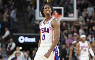 SAN ANTONIO, TX - APRIL 7: Tyrese Maxey #0 of the Philadelphia 76ers celebrates during the game against the San Antonio Spurs on April 7, 2024 at the Frost Bank Center in San Antonio, Texas. NOTE TO USER: User expressly acknowledges and agrees that, by downloading and or using this photograph, user is consenting to the terms and conditions of the Getty Images License Agreement. Mandatory Copyright Notice: Copyright 2024 NBAE (Photos by Tim Heitman/NBAE via Getty Images)