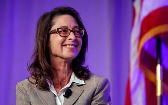 Boston - May 17: Abigail P. Johnson, Chairman and Chief Executive Officer of Fidelity Investments, during a discussion with moderator Srikant Datahr, Harvard Business School, Dean at the Greater Boston Chamber of Commerce annual meeting in Boston on May 17, 2022. (Photo by Barry Chin/The Boston Globe via Getty Images)