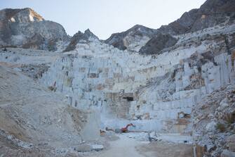 CARRARA, ITALY - AUGUST 23: General view of the Michelangelo Marble Quarries in the Apuan Alps on August 23, 2017 in Carrara, Italy. Carrara marble has been used since the time of Ancient Rome in the construction of some of Antiquity's most magnificent monuments, including the Pantheon and Trajan's Column. It was also used in the construction of Marble Arch in London. Michelangelo used Carrara marble for his Pieta statue. Centuries of quarrying have created a distinctive landscape making the mountains appear to be covered in snow, even during the summer.  (Photo by Michele Tantussi/Getty Images)