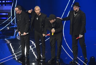 (L-R) Italian singers Gigi D'Alessio, Luche', Geolier and Gue' on stage at the Ariston theatre during the 74th Sanremo Italian Song Festival in Sanremo, Italy, 09 February 2024. The music festival runs from 06 to 10 February 2024.   ANSA/RICCARDO ANTIMIANI