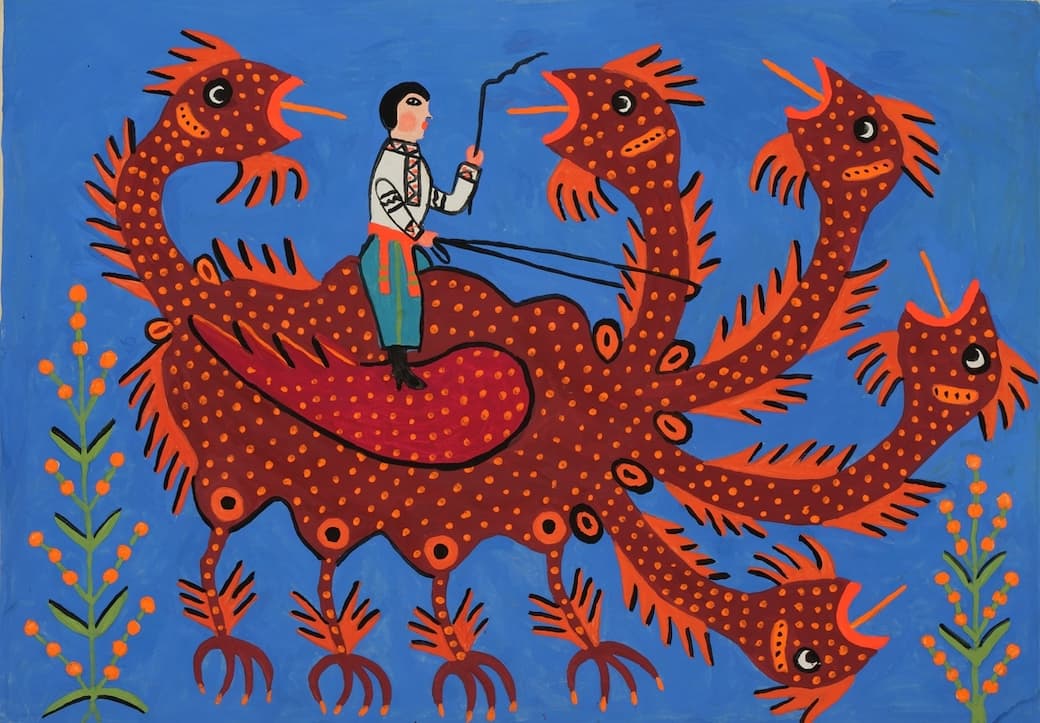 10_Maria_Prymachenko_Vanya_ha_catturato_il_serpente_e_lo_ha_imbrigliato_e_portato_nel_serraglio_(...)_1989_Museo_nazionale_Taras_Shevchenko.JPG