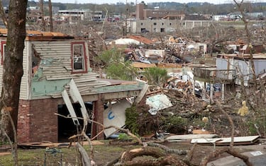 LITTLE ROCK, AR - MARCH 31: The damaged remains of the Walnut Ridge neighborhood is seen on March 31, 2023 in Little Rock, Arkansas. Tornados damaged hundreds of homes and buildings Friday afternoon across a large part of Central Arkansas. Governor Sarah Huckabee Sanders declared a state of emergency after the catastrophic storms that hit on Friday afternoon. According to local reports, the storms killed at least three people. (Photo by Benjamin Krain/Getty Images)
