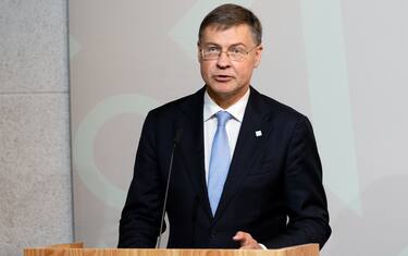 Valdis Dombrovskis, economy and productivity commissioner for the European Union (EU), during a news conference at the Economic and Financial Affairs (ECOFIN) and Central Bank Governors informal meeting in Copenhagen, Denmark, on Friday, Sept. 19, 2025. Common borrowing by the EU's 27 members was among theÂ main recommendationsÂ put forward by former Italian Prime MinisterÂ Mario DraghiÂ a year ago to help boost the bloc'sÂ competitiveness. Photographer: Nichlas Pollier/Bloomberg via Getty Images