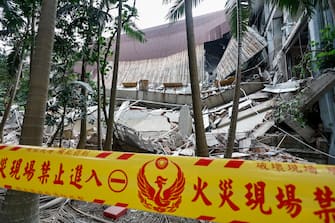 epa11256546 The wreckage of a printing company s factory after it collapsed following a magnitude 7.5 earthquake in New Taipei, Taiwan, 03 April 2024. A magnitude 7.4 earthquake struck Taiwan on the morning of 03 April with an epicenter 18 kilometers south of Hualien City at a depth of 34.8 km, according to the United States Geological Survey (USGS).  EPA/DANIEL CENG