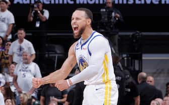 SACRAMENTO, CA - APRIL 30: Stephen Curry #30 of the Golden State Warriors celebrates a play during Round One Game Seven of the 2023 NBA Playoffs on April 30, 2023 at Golden 1 Center in Sacramento, California. NOTE TO USER: User expressly acknowledges and agrees that, by downloading and or using this Photograph, user is consenting to the terms and conditions of the Getty Images License Agreement. Mandatory Copyright Notice: Copyright 2023 NBAE (Photo by Rocky Widner/NBAE via Getty Images)