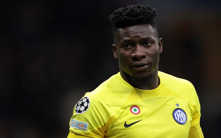 MILAN, ITALY - MAY 10: Andre Onana of FC Internazionale looks on during the UEFA Champions League semi-final first leg match between AC Milan and FC Internazionale at San Siro on May 10, 2023 in Milan, Italy. (Photo by Jonathan Moscrop/Getty Images)