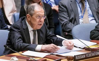 epa10589261 Russia's Foreign Minister Sergey Lavrov speaks during a United Nations Security Council meeting, which is being chaired by Russia for the month of April, at United Nations headquarters in New York, New York, USA, 24 April 2023.  EPA/JUSTIN LANE
