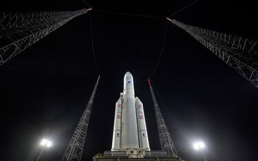 epa09656352 A handout photo made available by the NASA shows Arianespace's Ariane 5 rocket with NASA s James Webb Space Telescope onboard, at the launch pad at Europe s Spaceport, the Guiana Space Center in Kourou, French Guiana, 23 December 2021 (issued 25 December 2021). The James Webb Space Telescope (sometimes called JWST or Webb) is a large infrared telescope with a 21.3 foot (6.5 meter) primary mirror. The observatory will study every phase of cosmic history from within our solar system to the most distant observable galaxies in the early universe.  EPA/NASA/Bill Ingalls HANDOUT MANDATORY CREDIT: (NASA/Bill Ingalls) HANDOUT EDITORIAL USE ONLY/NO SALES