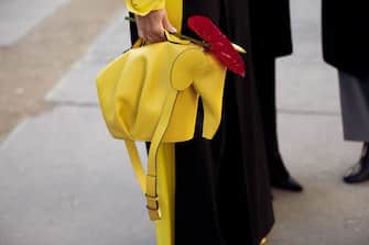 PARIS, FRANCE - SEPTEMBER 30: A guest wearing black pants, a yellow coat, and a yellow elephant shape bag from Loewe holding a red flower outside Loewe during Paris Fashion Week - Womenswear Spring/Summer 2023 on September 30, 2022 in Paris, France. (Photo by Raimonda Kulikauskiene/Getty Images)