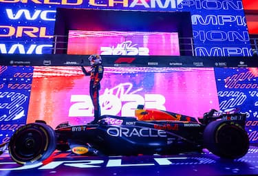 LUSAIL CITY, QATAR - OCTOBER 07: 2023 F1 World Drivers Champion Max Verstappen of the Netherlands and Oracle Red Bull Racing celebrates on his car in parc ferme after the Sprint ahead of the F1 Grand Prix of Qatar at Lusail International Circuit on October 07, 2023 in Lusail City, Qatar. (Photo by Mark Thompson/Getty Images)