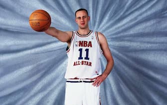 ATLANTA - FEBRUARY 9:  Zydrunas Ilgauskas#11 of the Eastern Conference All-Stars poses for a portrait prior to the 52nd NBA All-Star Game at the Phillips Arena on February 9, 2003 in Atlanta, Georgia.  NOTE TO USER: User expressly acknowledges and agrees that, by downloading and/or using this Photograph, User is consenting to the terms and conditions of the Getty Images License Agreement  Mandatory Copyright Notice:  Copyright 2003 NBAE  (Photo by Nathaniel S. Butler/NBAE via Getty Images)