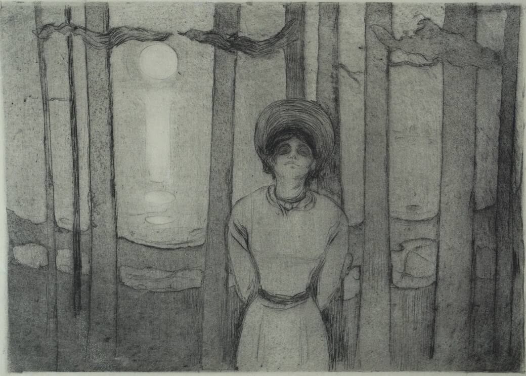 Edvard Munch, Chiaro di luna, 1895 – Puntasecca e acquatinta, 239 × 310 mm Venezia, Ca’ Pesaro – Galleria Internazionale d’Arte Moderna