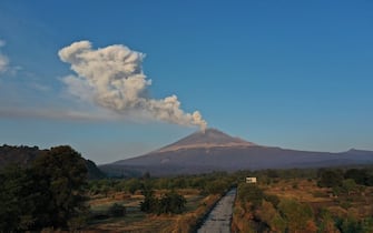 The Popocatepetl Volcano spews ash and smoke as seen from Puebal, state of Puebla, Mexico, on May 18, 2023. The Popocatepetl volcano, located about 55 km from Mexico City, has recorded numerous low-intensity exhalations in the past few days. (Photo by JOSE CASTAÃ ARES / AFP) (Photo by JOSE CASTANARES/AFP via Getty Images)