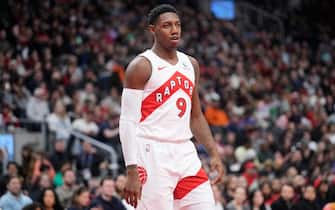 TORONTO, ON - JANUARY 1: RJ Barrett #9 of the Toronto Raptors looks on against the Cleveland Cavaliers during the first half of their basketball game at the Scotiabank Arena on January 1, 2024 in Toronto, Ontario, Canada. NOTE TO USER: User expressly acknowledges and agrees that, by downloading and/or using this Photograph, user is consenting to the terms and conditions of the Getty Images License Agreement. (Photo by Mark Blinch/Getty Images)