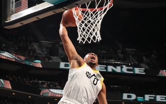 CHARLOTTE, NC - MARCH 11: Talen Horton-Tucker #0 of the Utah Jazz dunks the ball against the Charlotte Hornets on March 11, 2023 at Spectrum Center in Charlotte, North Carolina. NOTE TO USER: User expressly acknowledges and agrees that, by downloading and or using this photograph, User is consenting to the terms and conditions of the Getty Images License Agreement. Mandatory Copyright Notice: Copyright 2023 NBAE (Photo by Kent Smith/NBAE via Getty Images)