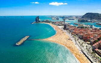 Barcelona central beach aerial view Sant Miquel Sebastian plage Barceloneta district catalonia