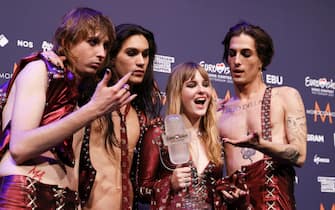 Members of the band Maneskin from Italy pose for photographs after winning the Grand Final of the 65th annual Eurovision Song Contest (ESC) at the Rotterdam Ahoy arena, in Rotterdam, The Netherlands, 22 May 2021. Due to the coronavirus (COVID-19) pandemic, only a limited number of visitors is allowed at the 65th edition of the Eurovision Song Contest (ESC2021) that is taking place in an adapted form at the Rotterdam Ahoy. ANSAROBIN VAN LONKHUIJSEN