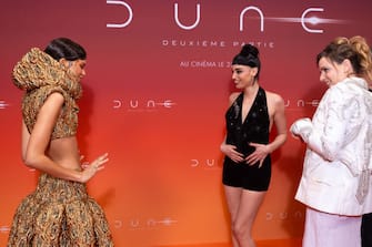 PARIS, FRANCE - FEBRUARY 12: (L-R) Zendaya Coleman, Souheila Yacoub and Rebecca Ferguson attend the "Dune 2" Premiere at Le Grand Rex on February 12, 2024 in Paris, France. (Photo by Marc Piasecki/WireImage )