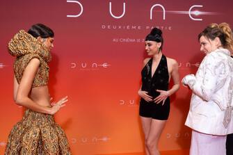 PARIS, FRANCE - FEBRUARY 12: (L-R) Zendaya Coleman, Souheila Yacoub and Rebecca Ferguson attend the "Dune 2" Premiere at Le Grand Rex on February 12, 2024 in Paris, France. (Photo by Marc Piasecki/WireImage )