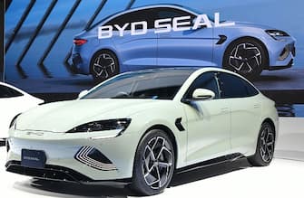 TOKYO, JAPAN - OCTOBER 25: BYD Seal eIectric car on display during the Japan Mobility Show 2023 on October 25, 2023 in Tokyo, Japan. (Photo by Jun Sato/WireImage)