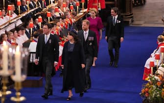 Princess Eugenie and Jack Brooksbank (front), the Duke of Sussex (centre) and Princess Beatrice and Edoardo Mapelli Mozzi at the coronation ceremony of King Charles III and Queen Camilla in Westminster Abbey, London. Picture date: Saturday May 6, 2023.