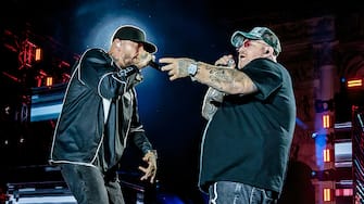 MILAN, ITALY - JUNE 11: Guè and Jake La Furia of Club Dogo perform at Arco Della Pace for Party Like A Deejay 2024 on June 08, 2024 in Milan, Italy. (Photo by Sergione Infuso/Corbis via Getty Images)