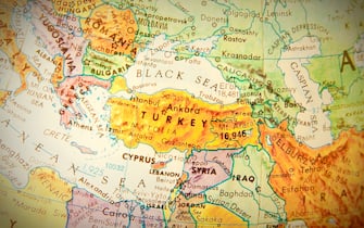 Studying geography - Photo of Turkey on retro globe.