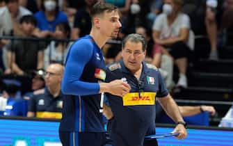 Simone Giannelli (ITA) and Ferdinando De Giorgi - Head coach Italy volley team  during  Volleyball Nations League - Man - Italy vs Netherlands, Volleyball Intenationals in Bologna, Italy, July 20 2022