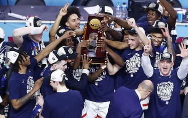 GLENDALE, ARIZONA - APRIL 08: Connecticut Huskies celebrate after defeating the Purdue Boilermakers in the NCAA Men's Basketball Tournament National Championship game at State Farm Stadium on April 08, 2024 in Glendale, Arizona. (Photo by Tyler Schank/NCAA Photos via Getty Images)