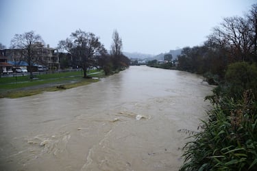 A general view of the Maitai river after it burst its banks in Nelson on August 18, 2022, as the city experienced flash floods caused by a storm. - Hundreds of families on New Zealand's South Island were forced to leave their homes on August 18 after flooding caused a state of emergency to be declared in three regions. (Photo by CHRIS SYMES / AFP) (Photo by CHRIS SYMES/AFP via Getty Images)