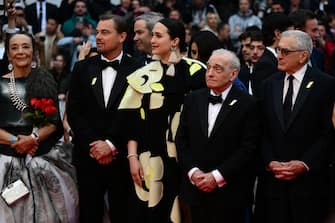 (From L) Canadian actress Tantoo Cardinal, US actor Leonardo Dicaprio, US actress Lily Gladstone, US director Martin Scorsese and US actor Robert de Niro arrive for the screening of the film "Killers of the Flower Moon" during the 76th edition of the Cannes Film Festival in Cannes, southern France, on May 20, 2023. (Photo by CHRISTOPHE SIMON / AFP) (Photo by CHRISTOPHE SIMON/AFP via Getty Images)