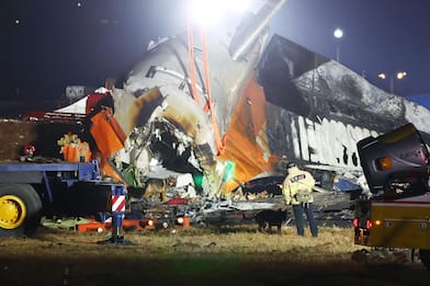 epa11797261 Firefighting authorities conduct a search operations at the plane crash site at Muan International Airport in Muan, South Jeolla Province, South Korea, 29 December 2024. According to the South Korea National Fire Agency (NFA), a passenger jet carrying 181 people erupted in flames after going off the runway at an airport in South Korea's southwestern county of Muan on 29 December, leaving at least 176 people dead and 3 missing, as two crew members survived.   EPA/YONHAP Media Only SOUTH KOREA OUT