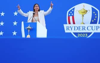 ROME, ITALY - SEPTEMBER 28: Italian Television Presenter, Melissa Satta speaks during the opening ceremony for the 2023 Ryder Cup at Marco Simone Golf Club on September 28, 2023 in Rome, Italy. (Photo by Andrew Redington/Getty Images)