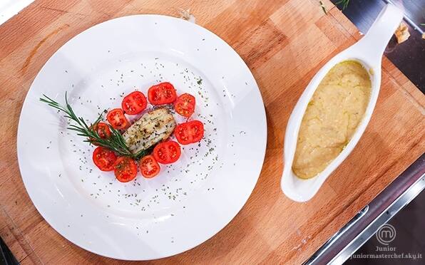 Filetto grigliato con pomodorini e crema di cipollotti