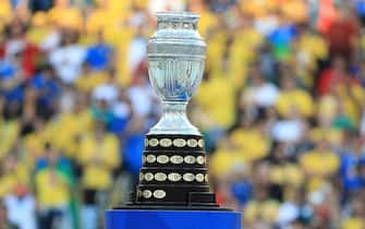 RIO DE JANEIRO, BRAZIL - JULY 07: Detail of the Copa America trophy before  the Copa America Brazil 2019 Final match between Brazil and Peru at Maracana Stadium on July 07, 2019 in Rio de Janeiro, Brazil. (Photo by Buda Mendes/Getty Images)